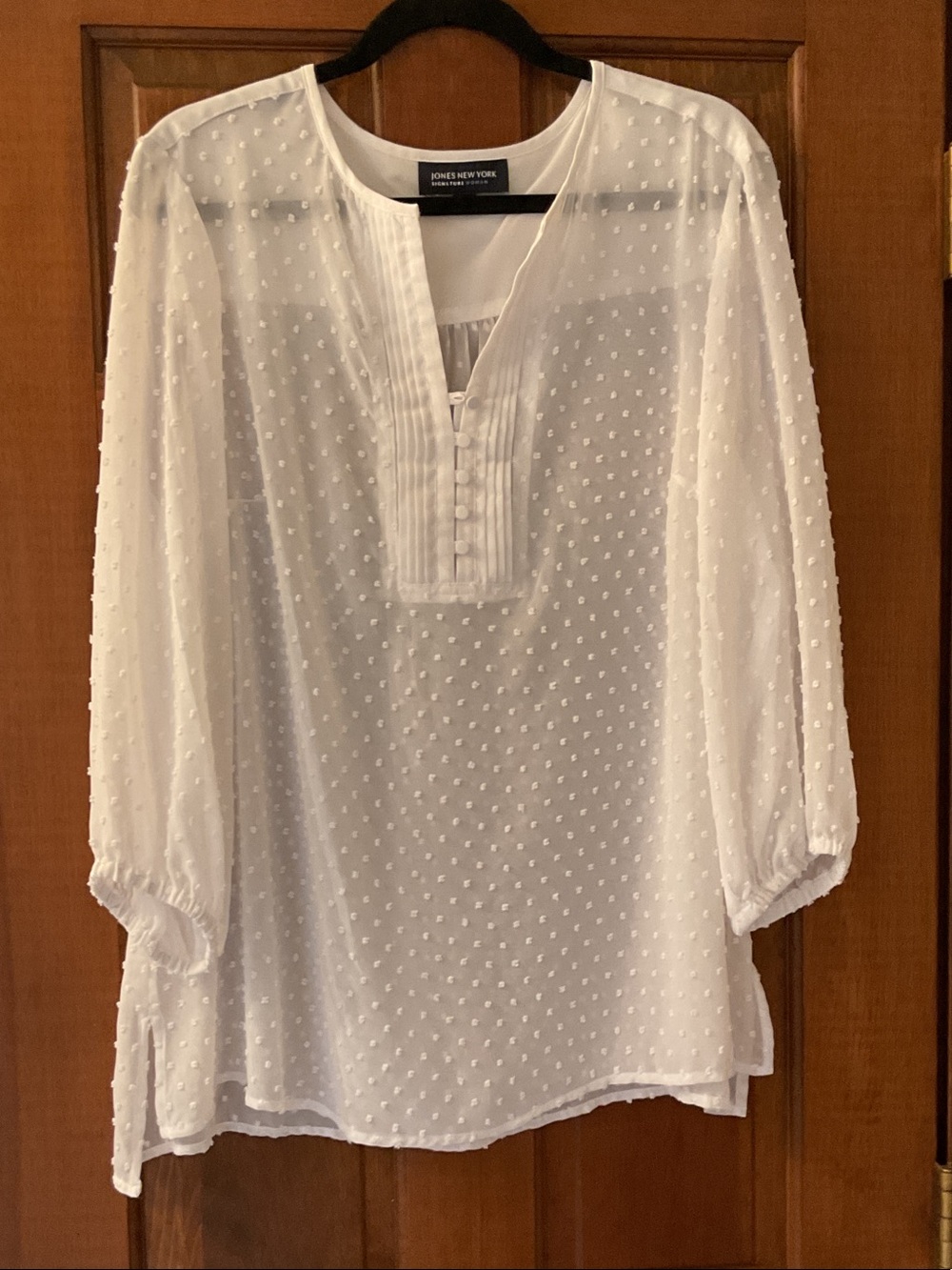 Jones New York White Swiss Dot Split-Neck Tunic